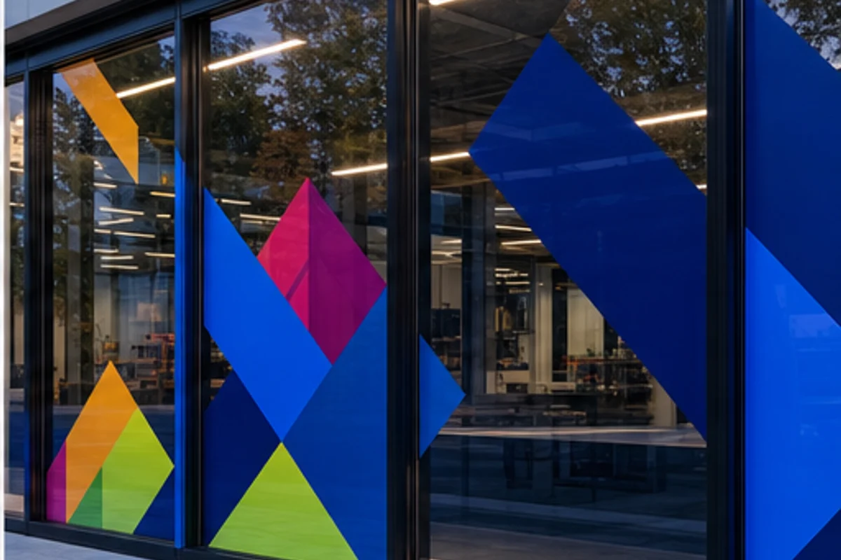Vitrine de loja com adesivos geométricos coloridos