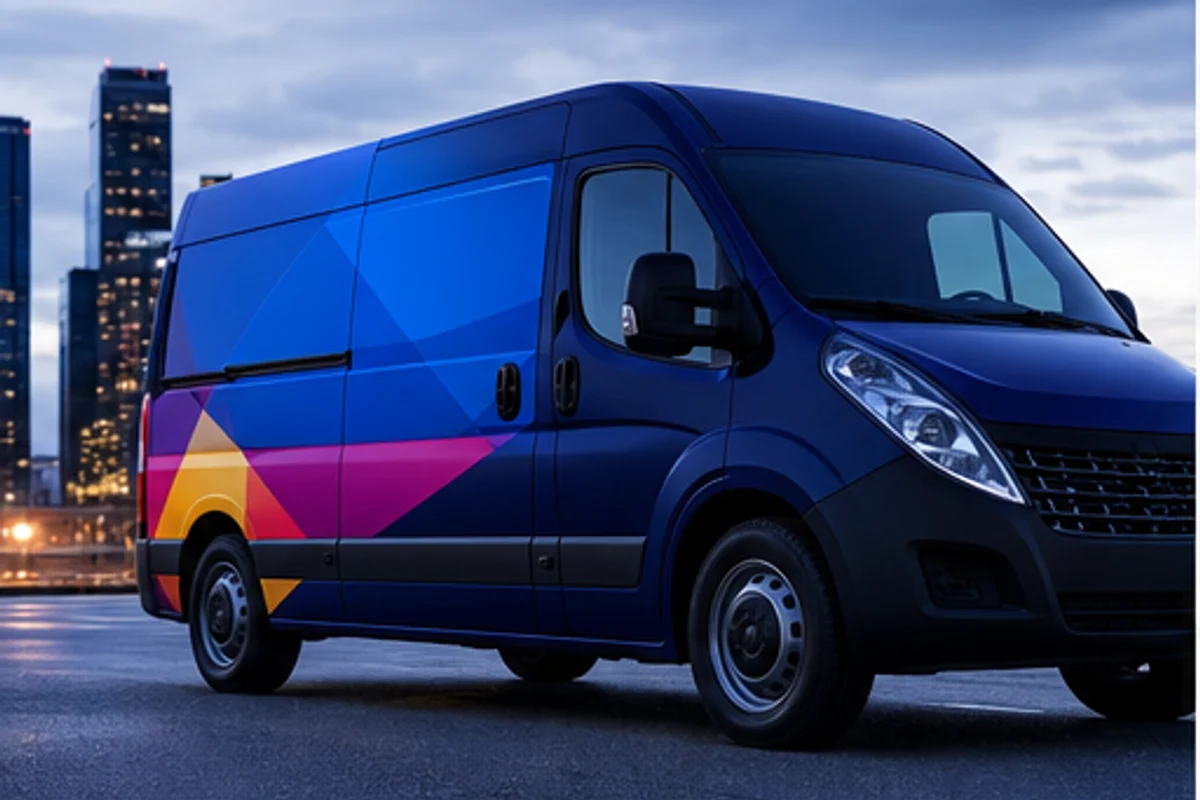Van azul com envelopamento gráfico multicolorido
