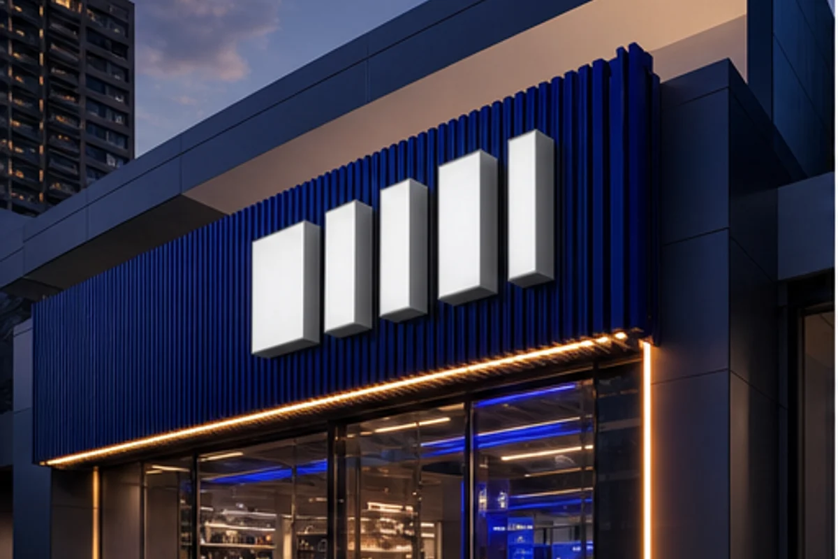 Fachada comercial contemporânea em azul com letras iluminadas