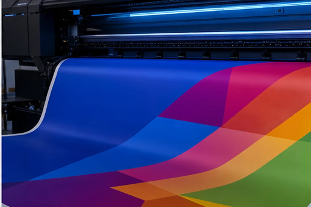 Impressora de grande formato produzindo material colorido