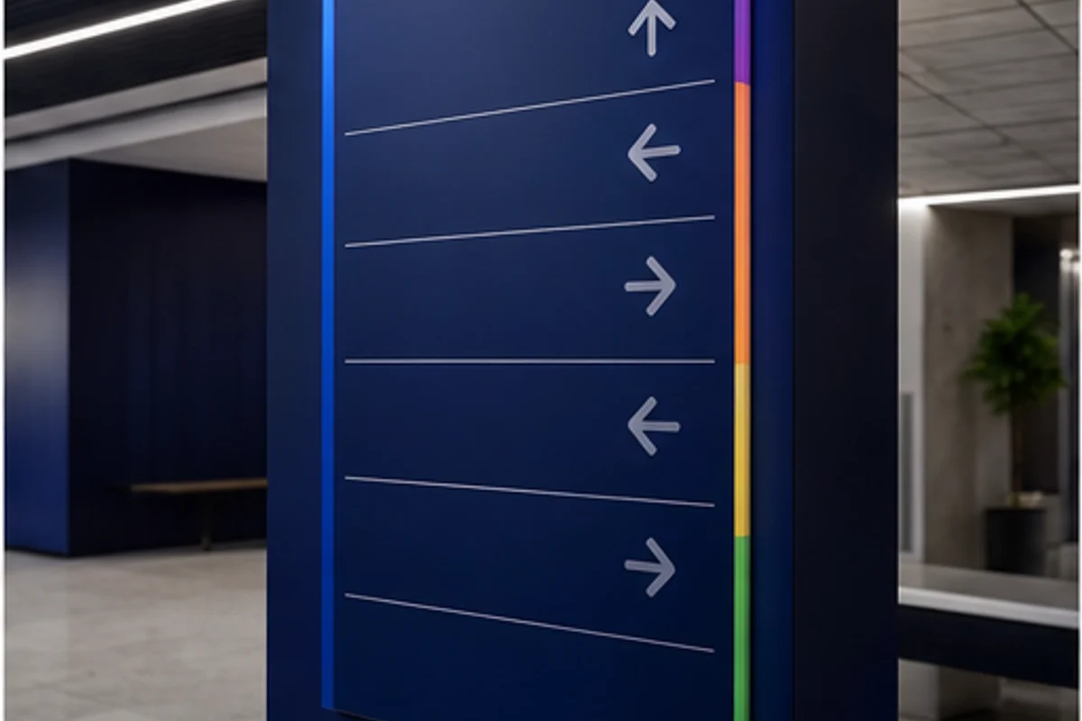 Placa corporativa azul com setas direcionais